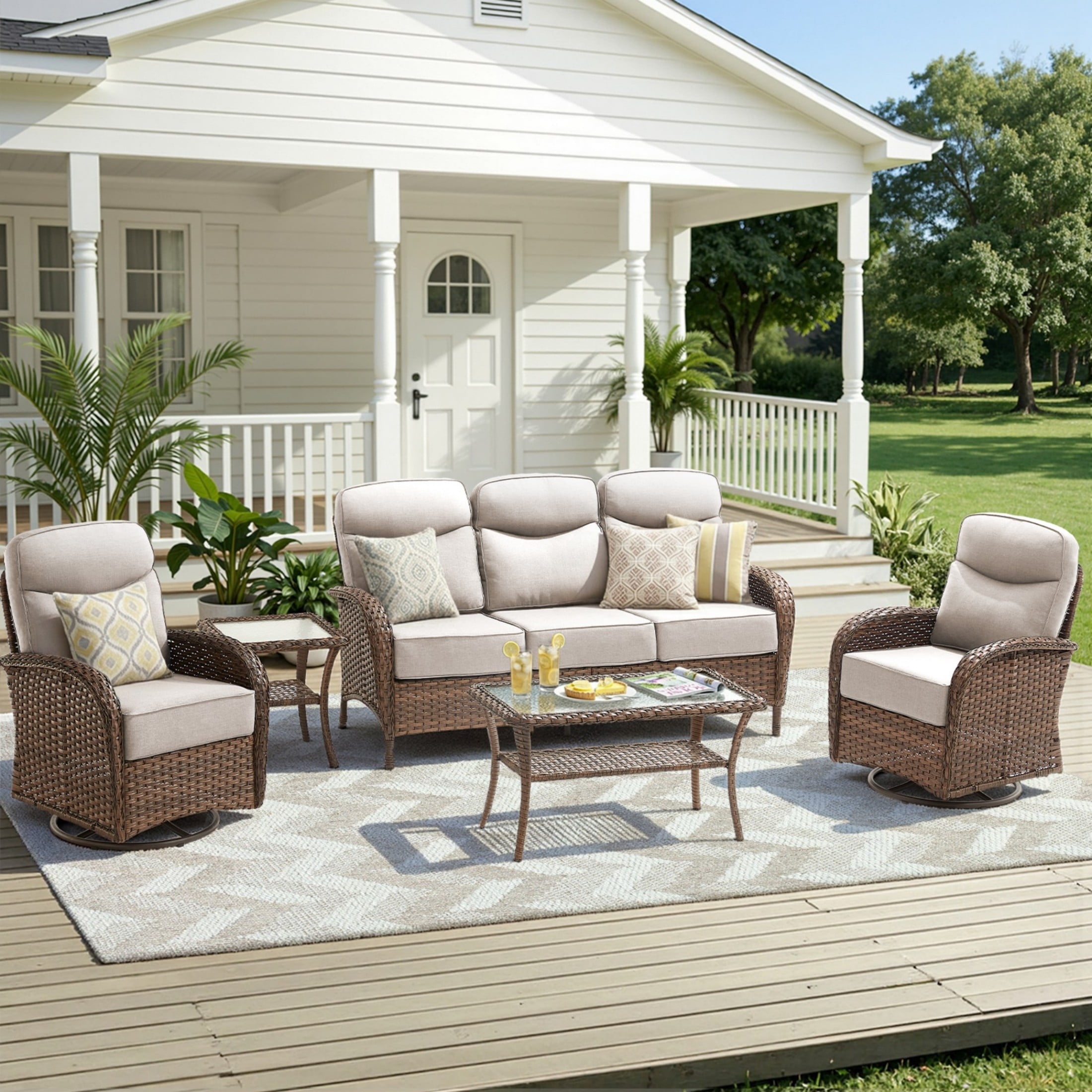 Unnifurnzi 5 Pieces Patio Furniture Set-6'' Thick Cushions Outdoor Furniture with Swivel Rocker Chairs Outdoor Couch and Ottomans Wicker Patio Furniture for Deck Porch Garden Poolside-Brown/Beige