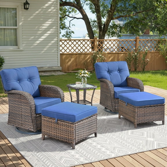Unnifurnzi 5 Pieces Patio Furniture Set-All Weather Wicker Patio Swivel Glider Chairs with Outdoor Ottoman Outdoor Furniture for Deck Porch Poolside Balcony-Brown/Blue