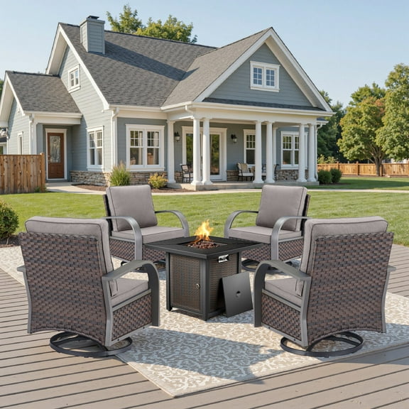 Unnifurnzi 5 Pieces Patio Furniture Set with Fire Pit-Patio Table and Chairs Set of 4 Outdoor Patio Furniture Set for Deck Porch Garden Poolside Backyard-Brown/Gray