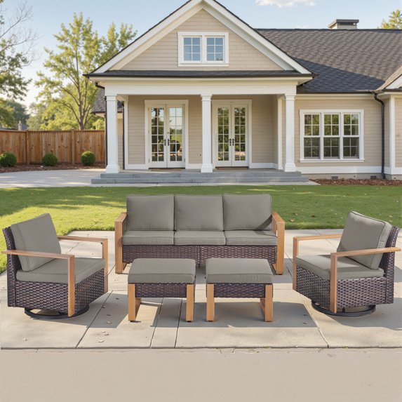 Unnifurnzi 5 Pieces Patio Furniture Set-High Back Outdoor Swivel Rocker Patio Chairs with Outdoor Couch Outdoor Patio Furniture Set for Garden Backyard Balcony Poolside-Brown/Gray