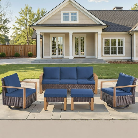 Unnifurnzi 5 Pieces Patio Furniture Set-High Back Outdoor Swivel Rocker Patio Chairs with Outdoor Couch Outdoor Patio Furniture Set for Garden Backyard Balcony Poolside-Brown/Blue