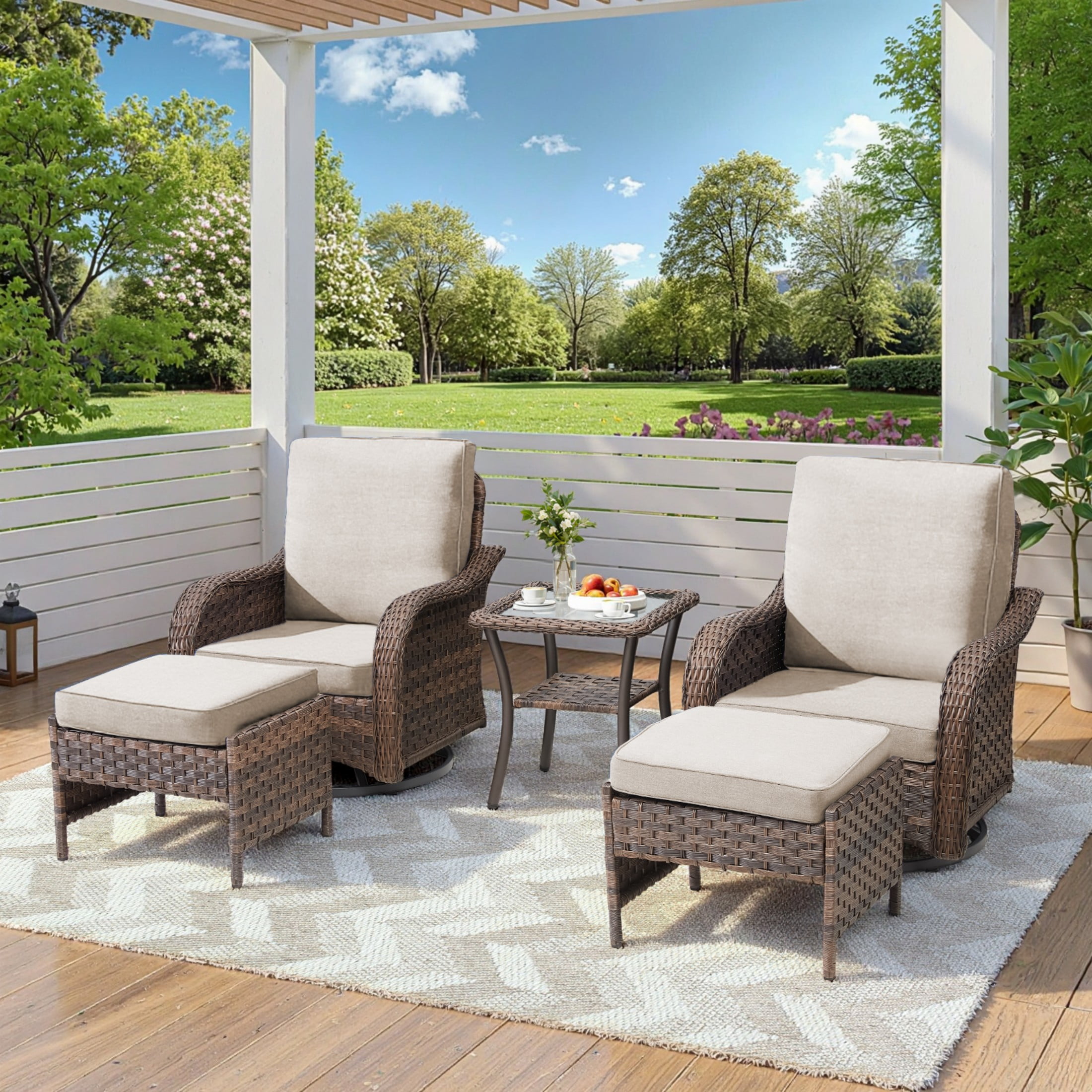 Unnifurnzi 5 Pieces Patio Furniture Set-Outdoor Swivel Rocker Patio Chairs with Outdoor Ottoman Wicker Patio Furniture for Porch Balcony Deck-Brown/Beige
