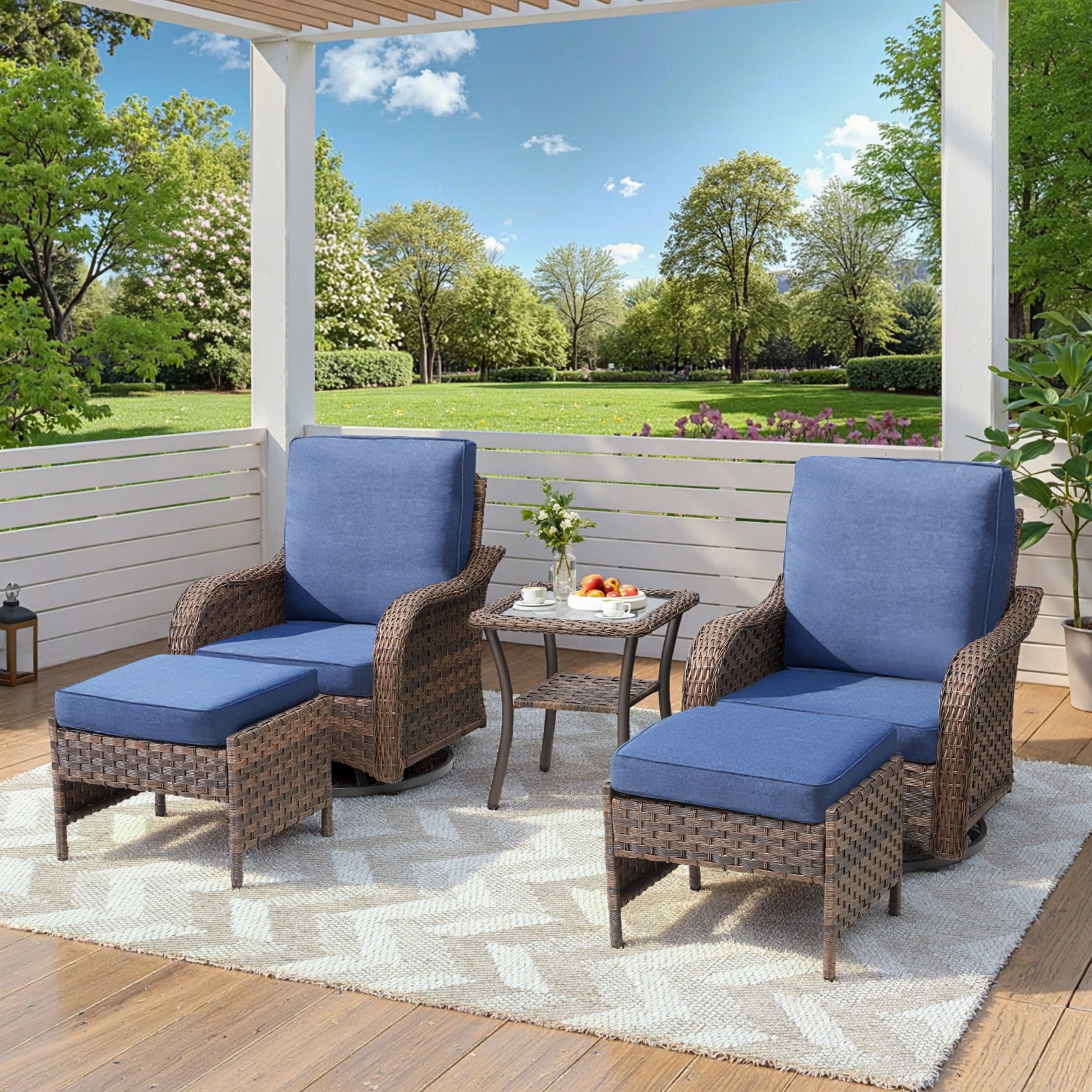 Unnifurnzi 5 Pieces Patio Furniture Set-Outdoor Swivel Rocker Patio Chairs with Outdoor Ottoman Wicker Patio Furniture for Porch Balcony Deck-Brown/Blue