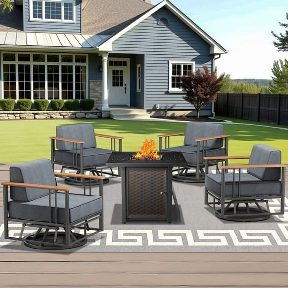 Unnifurnzi 5 Pieces Patio Set with Fire Pit Table-High Back Outdoor Swivel Rocking Chair Set of 4 Patio Furniture Set for Deck Porch Poolside Balcony-Black/Dark Gray