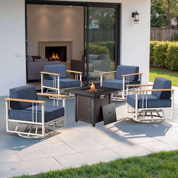Unnifurnzi 5 Pieces Patio Set with Fire Pit Table-High Back Outdoor Swivel Rocking Chair Set of 4 Patio Furniture Set for Deck Porch Poolside Balcony-White/Blue