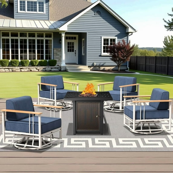 Unnifurnzi 5 Pieces Patio Set with Fire Pit Table-High Back Outdoor Swivel Rocking Chair Set of 4 Patio Furniture Set for Deck Porch Poolside Balcony-White/Blue