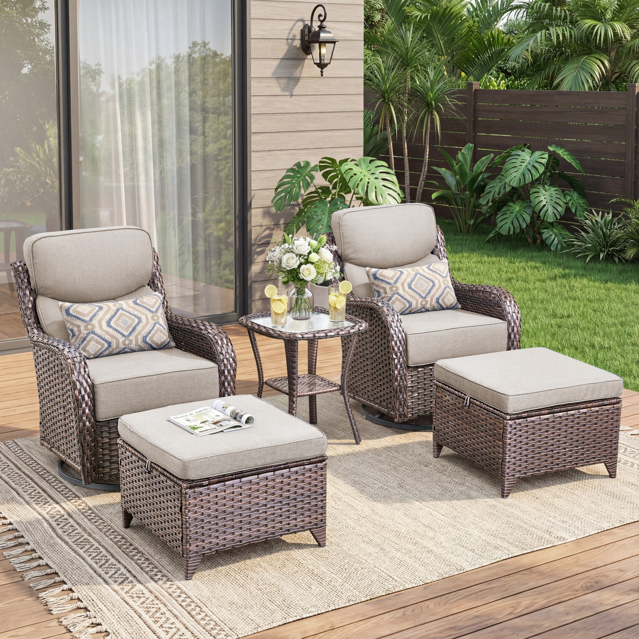 Unnifurnzi 5 Pieces Wicker Outdoor Furniture-Patio Swivel Chairs Set of 2 with Outdoor Ottoman Patio Conversation Sets for Deck Porch Poolside Balcony-Brown/Beige
