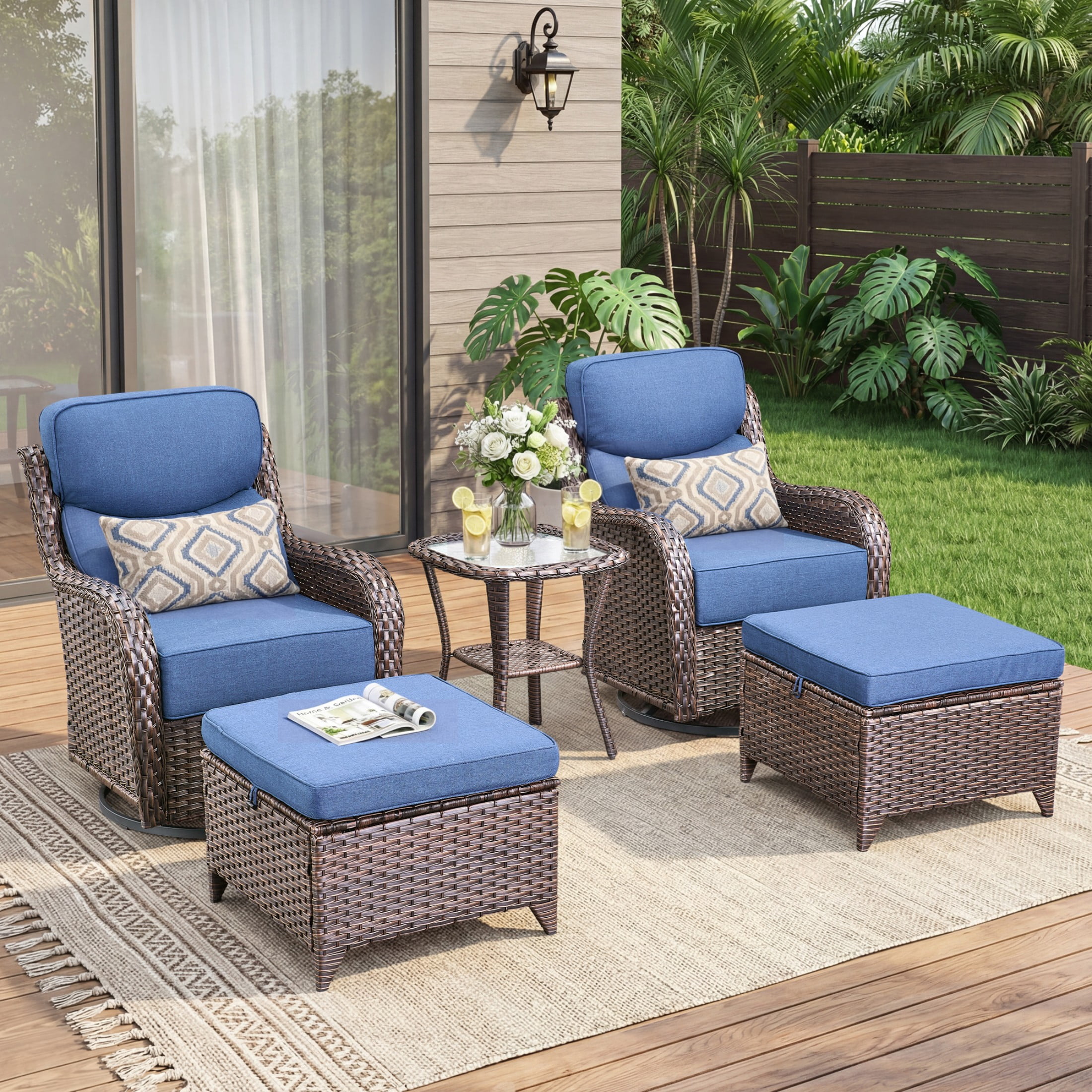 Unnifurnzi 5 Pieces Wicker Outdoor Furniture-Patio Swivel Chairs Set of 2 with Outdoor Ottoman Patio Conversation Sets for Deck Porch Poolside Balcony-Brown/Blue