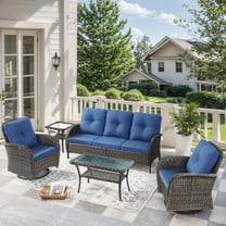 Unnifurnzi 5 Pieces Wicker Patio Furniture Set-Outdoor Swivel Rocker Patio Chairs Patio Sofa Set with Tempered Glass Top Outdoor Coffee Table for Deck Lawn Porch Balcony Poolside-Brown/Blue