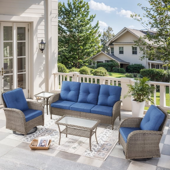 Unnifurnzi 5 Pieces Wicker Patio Furniture Set-Outdoor Swivel Rocker Patio Chairs Patio Sofa Set with Tempered Glass Top Outdoor Coffee Table for Deck Lawn Porch Balcony Poolside-Gray/Blue