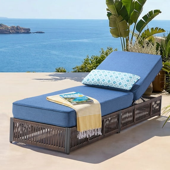 Unnifurnzi 5" Thick Cushion Outdoor Lounge Chairs-5 Position Adjustable Lounge Chair Outdoor Pool Lounge Wicker Chairs for Poolside Garden Backyard Beach-Brown/Blue