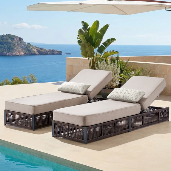 Unnifurnzi 5" Thick Cushion Outdoor Lounge Chairs Set of 2-5 Position Adjustable Lounge Chair Outdoor Pool Lounge Wicker Chairs for Poolside Garden Backyard Beach-Brown/Beige