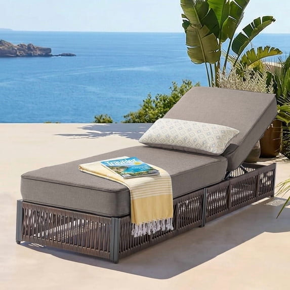 Unnifurnzi 5" Thick Cushion Outdoor Lounge Chairs Set of 2-5 Position Adjustable Lounge Chair Outdoor Pool Lounge Wicker Chairs for Poolside Garden Backyard Beach-Brown/Gray White