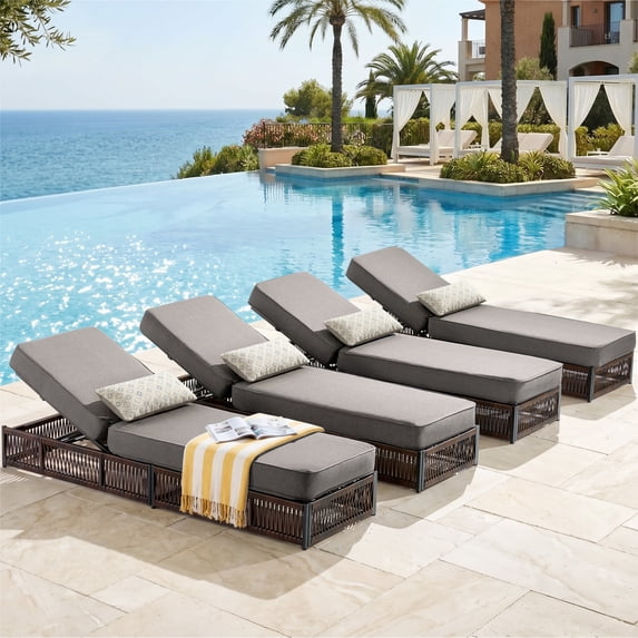 Unnifurnzi 5" Thick Cushion Outdoor Lounge Chairs Set of 4-5 Position Adjustable Lounge Chair Outdoor Pool Lounge Wicker Chairs for Poolside Garden Backyard Beach-Brown/Gray