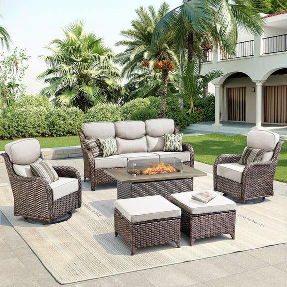 Unnifurnzi 6 Pieces Outdoor Furniture with Fire Pit-All Weather Wicker Outdoor Swivel Chair Outdoor Couch with Outdoor Ottoman Outdoor Patio Furniture for Deck Porch Poolside-Brown/Beige
