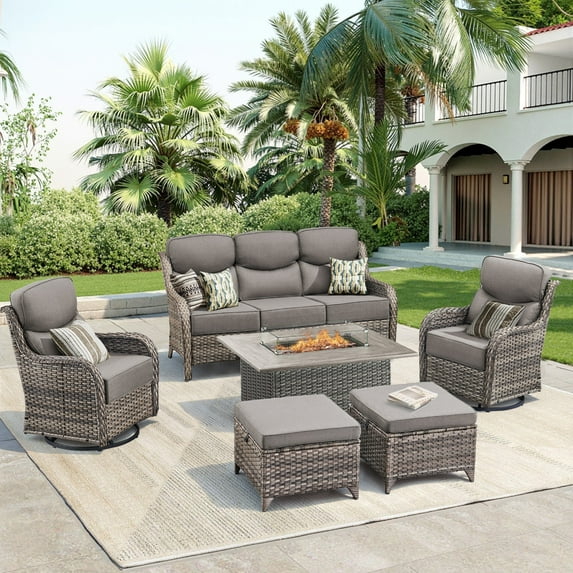 Unnifurnzi 6 Pieces Outdoor Furniture with Fire Pit-All Weather Wicker Outdoor Swivel Chair Outdoor Couch with Outdoor Ottoman Outdoor Patio Furniture for Deck Porch Poolside-Gray/Gray