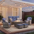 thumbnail image 1 of Unnifurnzi 6 Pieces Outdoor Furniture with Fire Pit-All Weather Wicker Outdoor Swivel Chair Outdoor Couch with Outdoor Ottoman Outdoor Patio Furniture for Deck Porch Poolside-Gray/Blue, 1 of 7