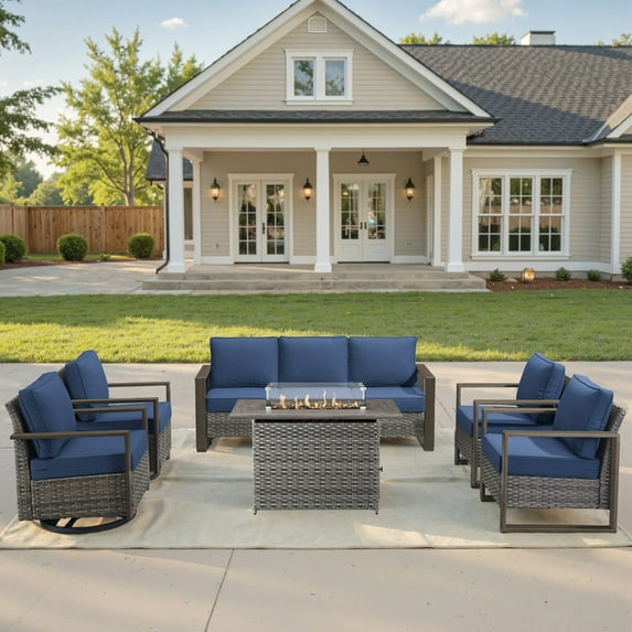 Unnifurnzi 6 Pieces Outdoor Furniture Set with Fire Pit Table-High Back Outdoor Swivel Chairs Set of 2 with Outdoor Sofa Outdoor Furniture for Garden Backyard Balcony Poolside-Gray/Blue