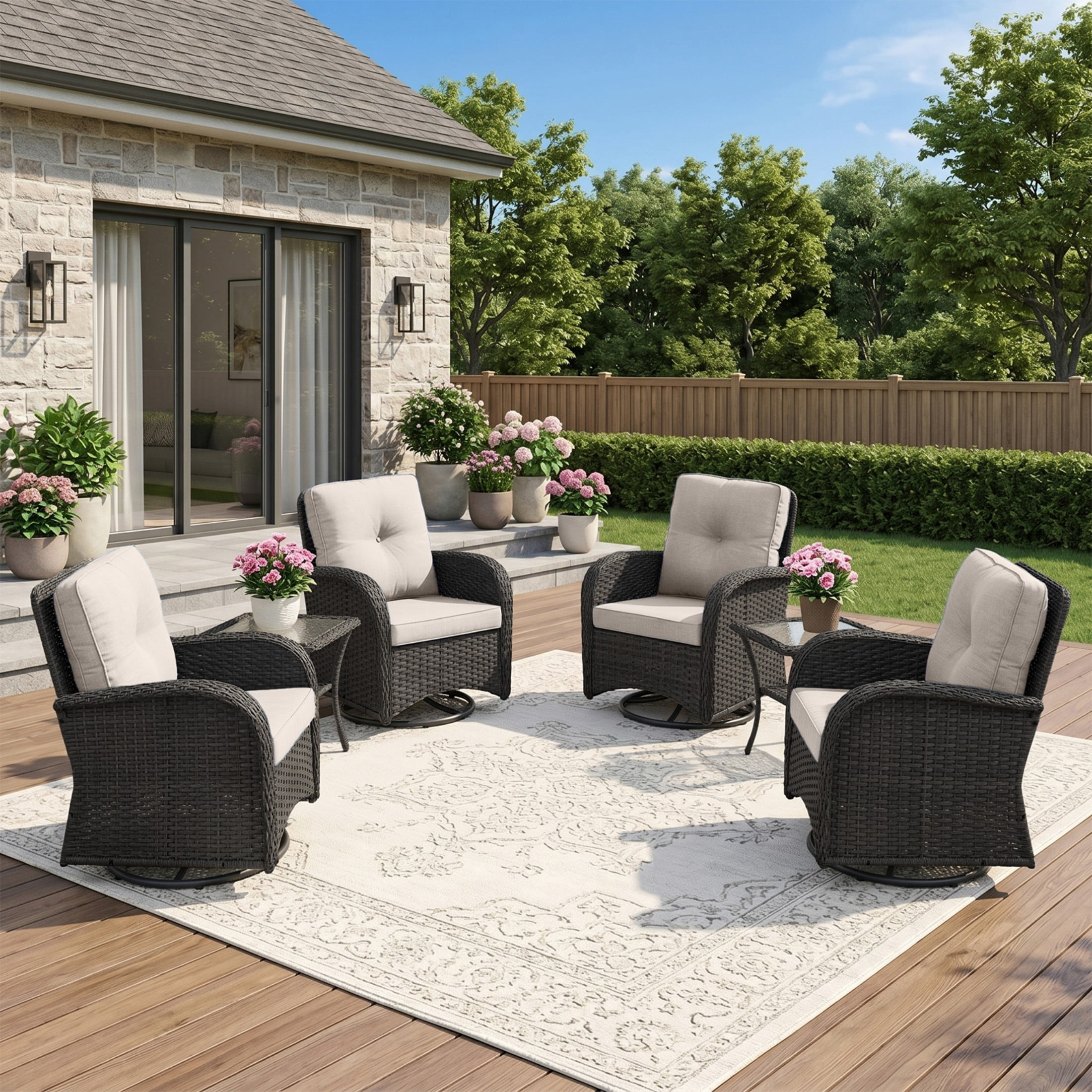Unnifurnzi 6 Pieces Patio Bistro Set Outdoor Swivel Rocker Patio Chairs with Side Table Patio Furniture for Deck Porch Garden Balcony Poolside-Black/Beige