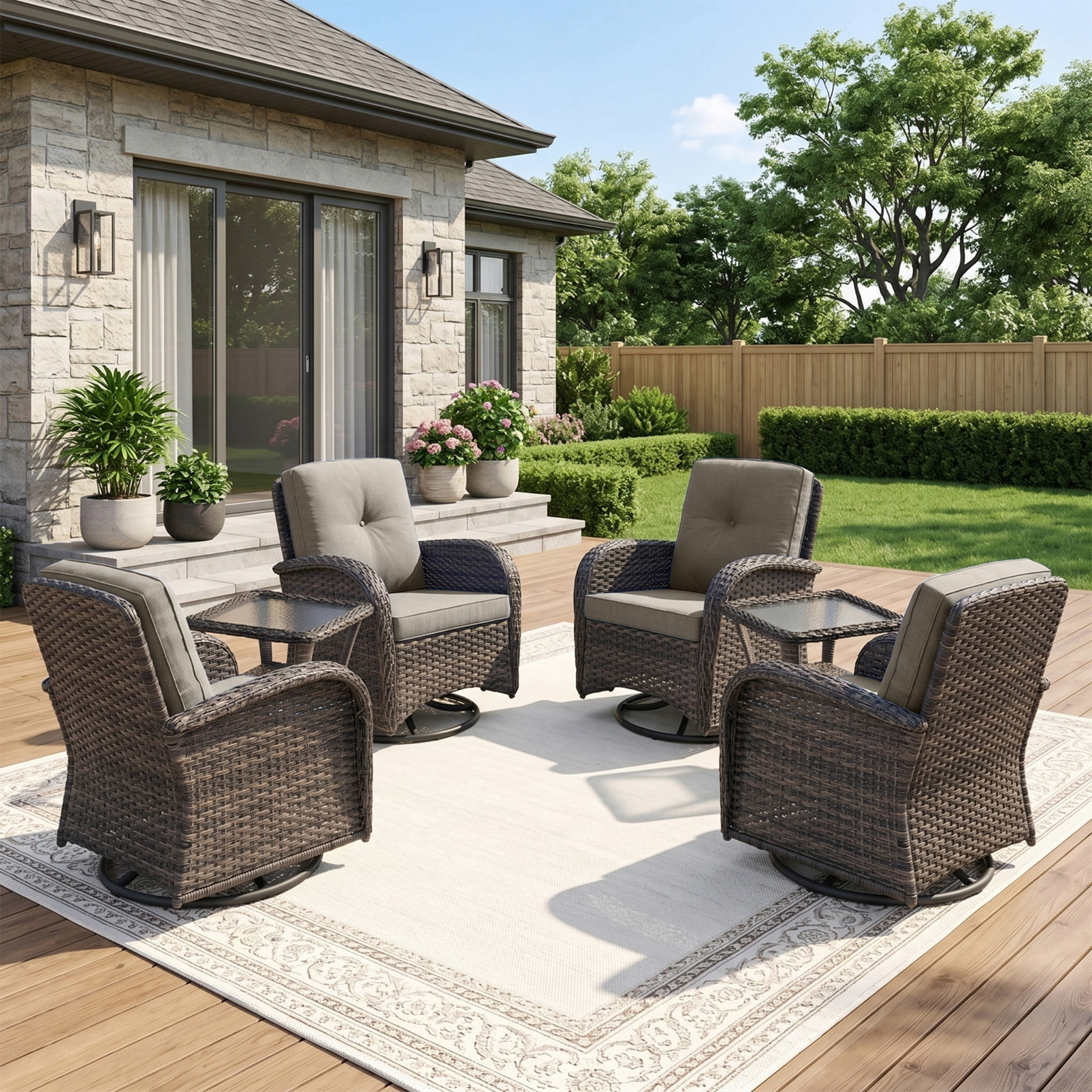 Unnifurnzi 6 Pieces Patio Bistro Set Outdoor Swivel Rocker Patio Chairs with Side Table Patio Furniture for Deck Porch Garden Balcony Poolside-Brown/Gray
