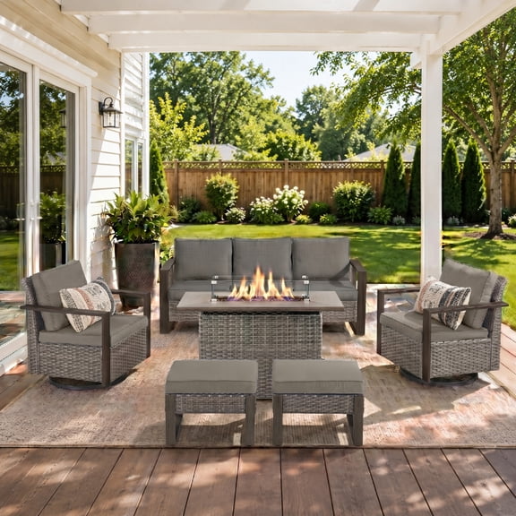 Unnifurnzi 6 Pieces Patio Furniture with Fire Pit-All Weather Wicker Outdoor Swivel Glider Chair with Outdoor Couch Patio Furniture Set for Garden Backyard Balcony Poolside-Gray/Gray