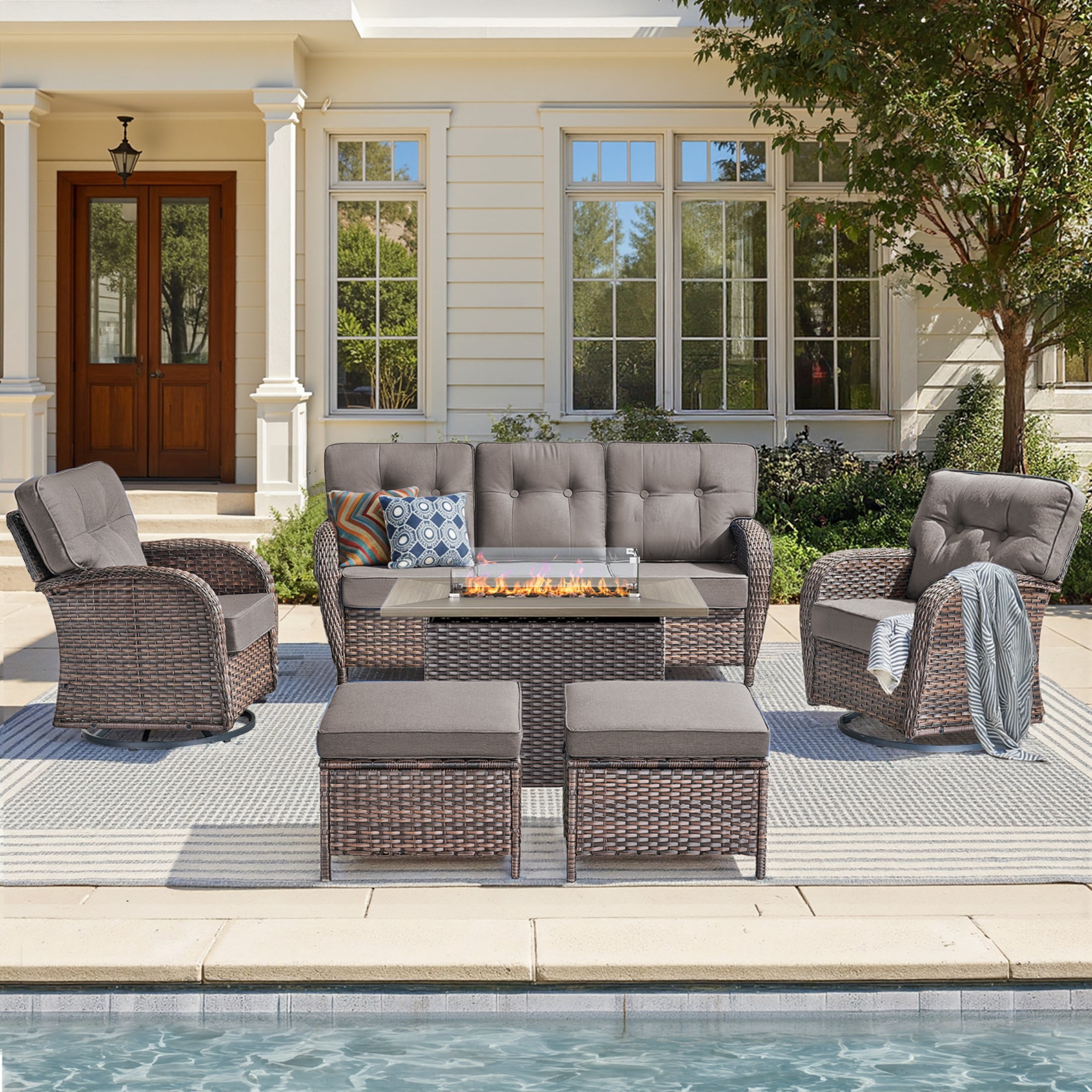 Unnifurnzi 6 Pieces Patio Furniture with Fire Pit-High Back Outdoor Wicker Sofa with Patio Swivel Glider Chair Outdoor Conversation Sets for Deck Porch Garden Balcony Poolside-Brown/Gray