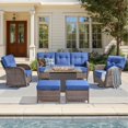 thumbnail image 1 of Unnifurnzi 6 Pieces Patio Furniture with Fire Pit-High Back Outdoor Wicker Sofa with Patio Swivel Glider Chair Outdoor Conversation Sets for Deck Porch Garden Balcony Poolside-Brown/Blue, 1 of 7
