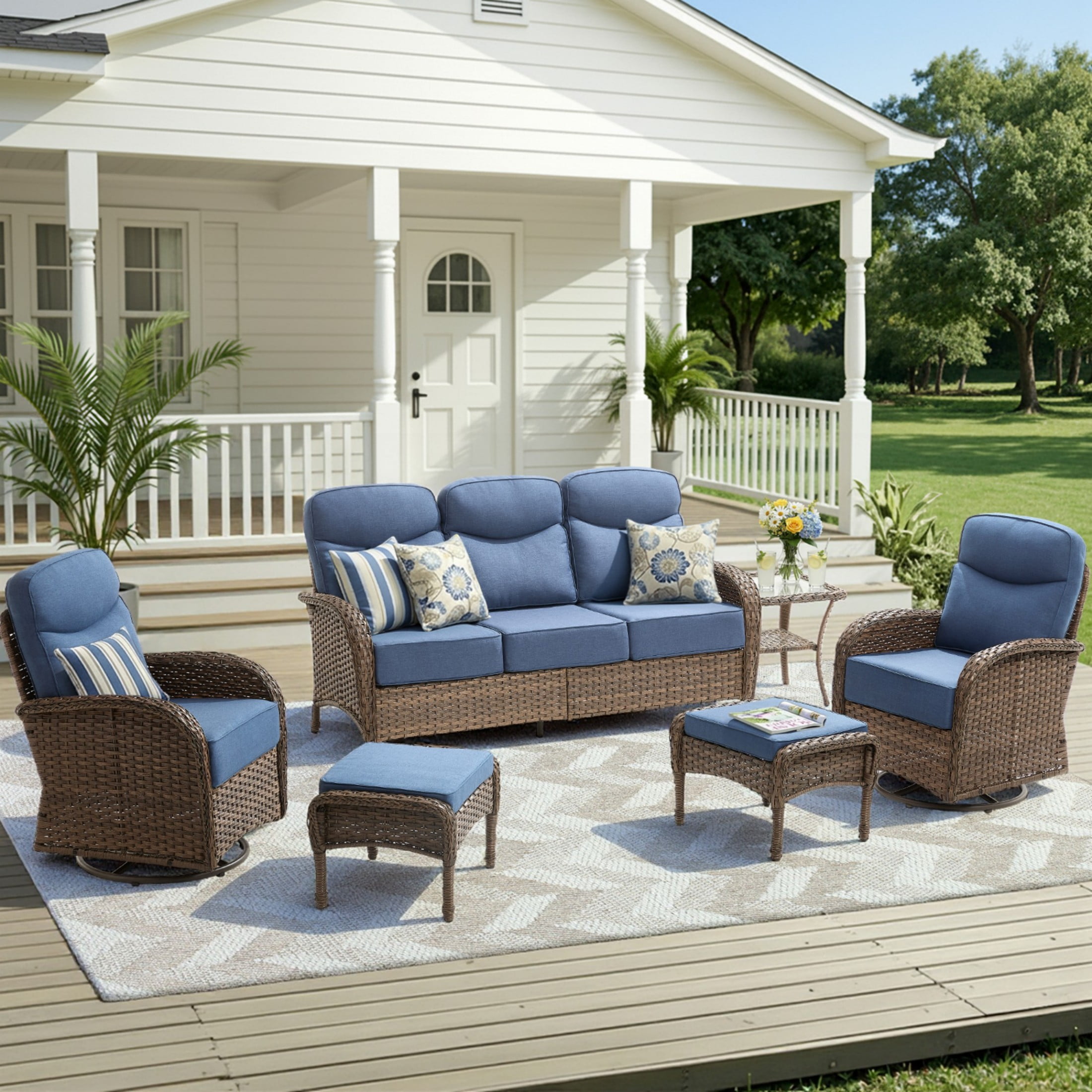 Unnifurnzi 6 Pieces Patio Furniture Set-6'' Thick Cushions Outdoor Furniture with Swivel Rocker Chairs Outdoor Couch and Coffee Table Wicker Patio Furniture for Deck Porch Garden Poolside-Brown/Blue