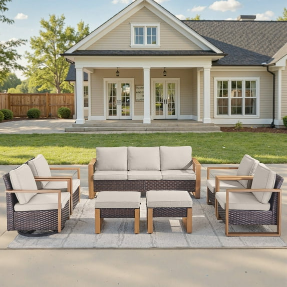 Unnifurnzi 7 Pieces Outdoor Furniture-All Weather Wicker Outdoor Swivel Chair with Patio Couch Patio Conversation Sets for Garden Backyard Balcony Poolside-Brown/Beige