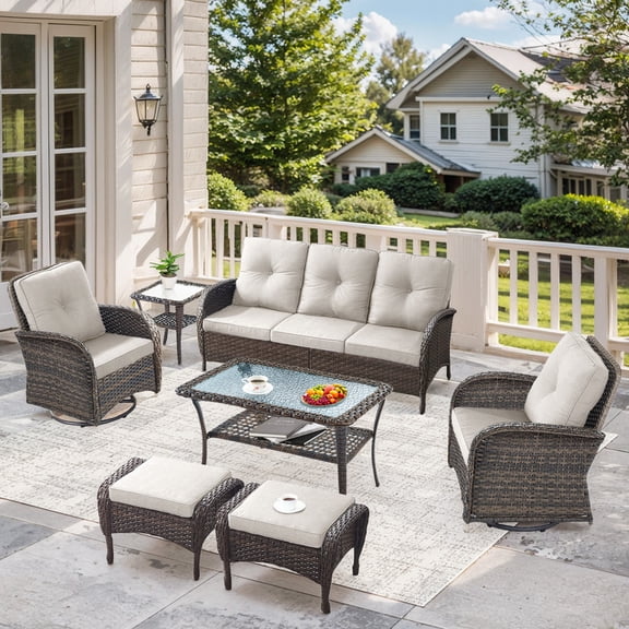 Unnifurnzi 7 Pieces Outdoor Furniture with Fire Pit Deep Seating Wicker Patio Couch with Patio Swivel Chairs Outdoor Furniture Set for Deck Porch Garden Balcony Poolside-Brown/Beige