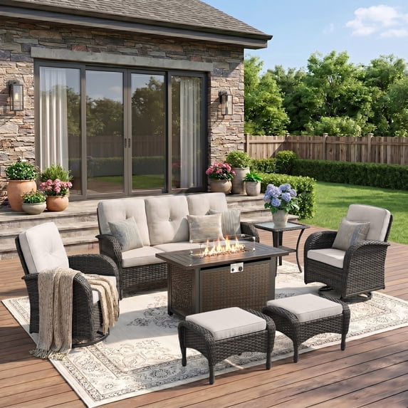 Unnifurnzi 7 Pieces Outdoor Furniture with Fire Pit Deep Seating Wicker Patio Couch with Patio Swivel Chairs Outdoor Furniture Set for Deck Porch Garden Balcony Poolside-Black/Beige