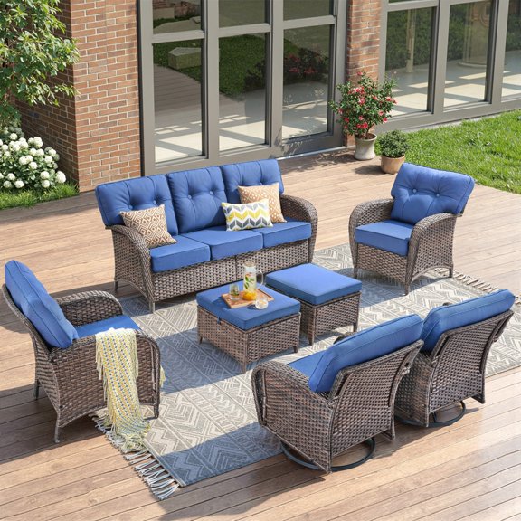 Unnifurnzi 7 Pieces Outdoor Furniture Set-Outdoor Wicker Rattan Sofa Couch with Patio Chairs All Weather High Back Patio Conversation Set for Deck Porch Garden Balcony Poolside-Brown/Blue