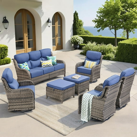Unnifurnzi 7 Pieces Patio Furniture-All Weather Wicker Outdoor Swivel Chairs Set of 4 High Back Patio Sofa with Outdoor Footstool Outdoor Patio Furniture for Deck Porch Poolside Balcony-Gray/Blue
