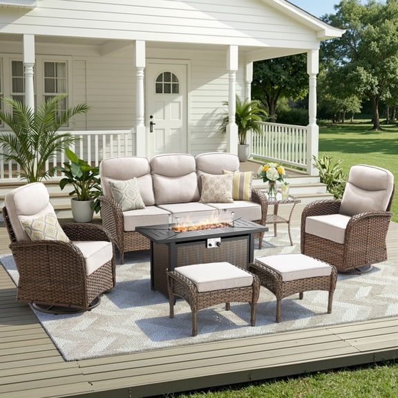Unnifurnzi 7 Pieces Patio Furniture with Fire Pit-6'' Thick Cushions Outdoor Furniture with Swivel Rocker Chairs Couch and Ottoman Wicker Patio Furniture for Deck Porch Garden Poolside-Brown/Beige