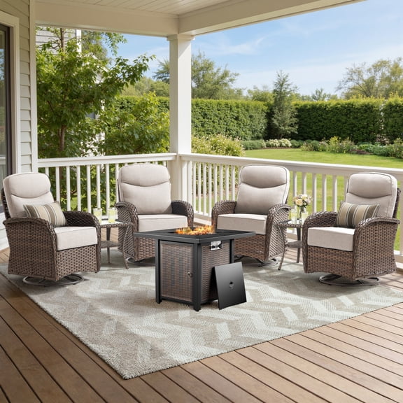Unnifurnzi 7 Pieces Patio Furniture with Fire Pit-6'' Thick Cushions Outdoor Furniture with Swivel Rocker Chairs Set of 4 Side Table Wicker Patio Furniture for Deck Porch Garden Poolside-Brown/Beige