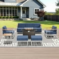 thumbnail image 1 of Unnifurnzi 7 Pieces Patio Furniture with Fire Pit-Outdoor Patio Furniture with Swivel Rocker Patio Chairs Patio Couch with Outdoor Ottoman for Deck Porch Poolside Balcony-White/Blue, 1 of 7