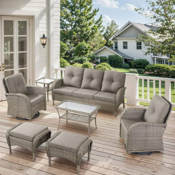Unnifurnzi 7 Pieces Patio Furniture-Swivel Patio Chairs Set of 2 Outdoor Wicker Rattan Sofa Couch with Ottoman Outdoor Conversation Set for Deck Porch Garden Balcony Poolside-Gray/Gray