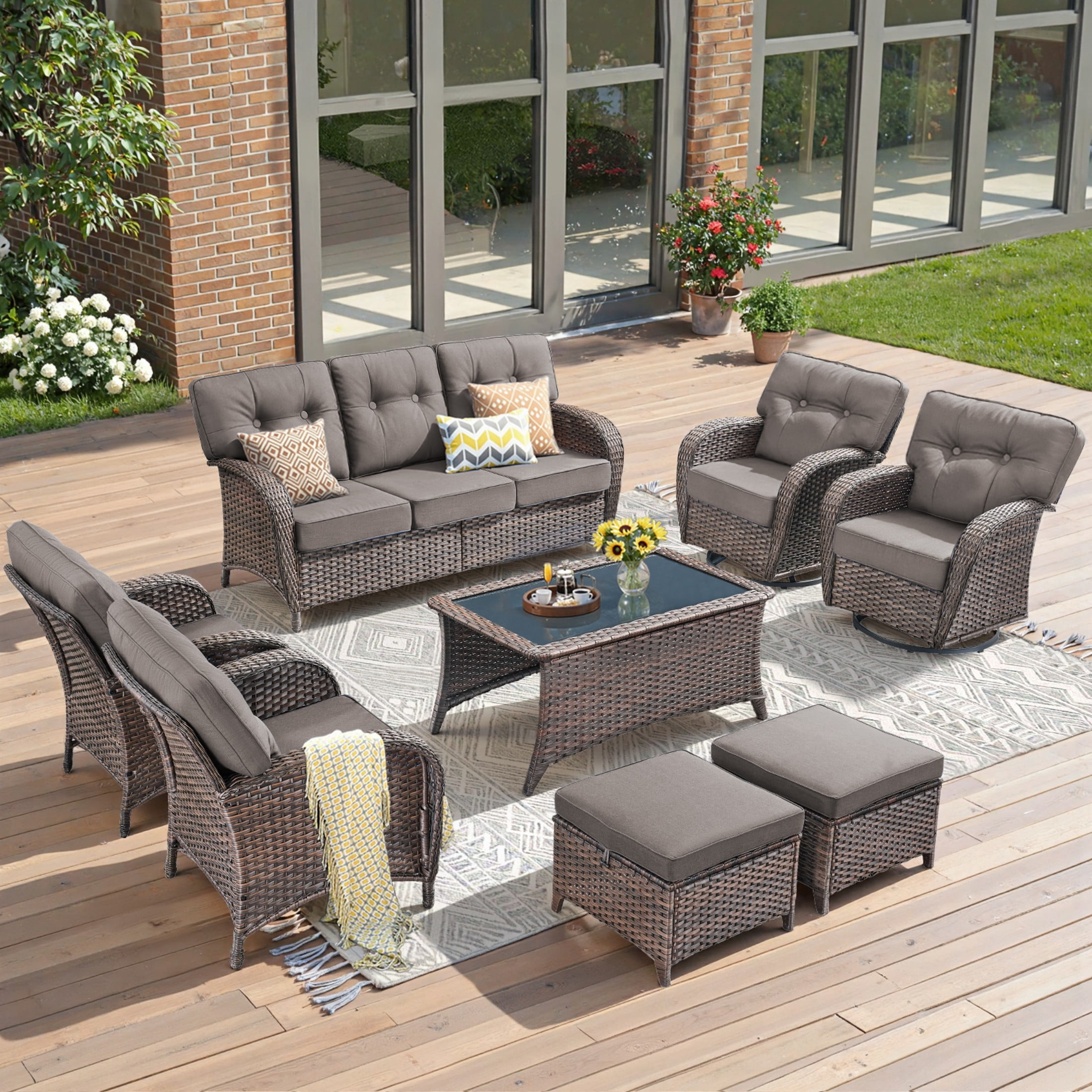 Unnifurnzi 8 Pieces Outdoor Furniture-Outdoor Wicker Sofa Couch with Outdoor Swivel Chairs All Weather Wicker Conversation Set for Deck Porch Garden Balcony Poolside-Brown/Gray