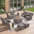 thumbnail image 1 of Unnifurnzi 8 Pieces Outdoor Patio Furniture Set with Fire Pit-Outdoor Sofa Couch with Outdoor Swivel Rocker Patio Chairs Wicker Patio Furniture for Deck Porch Garden Balcony Poolside-Brown/Gray, 1 of 7