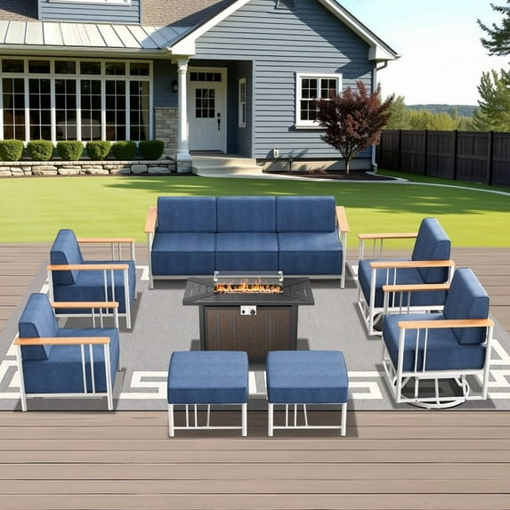 Unnifurnzi 8 Pieces Outdoor Patio Furniture Set with Firepit-Patio Conversation Sets with Swivel Glider Outdoor Chairs Outdoor Sofa with Ottoman for Deck Porch Poolside Balcony-White/Blue