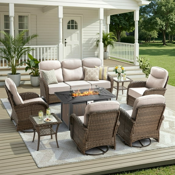Unnifurnzi 8 Pieces Patio Furniture with Fire Pit-6'' Thick Cushions Outdoor Furniture with Swivel Rocker Chairs Outdoor Couch Wicker Patio Furniture For Deck Porch Garden Poolside-Brown/Beige