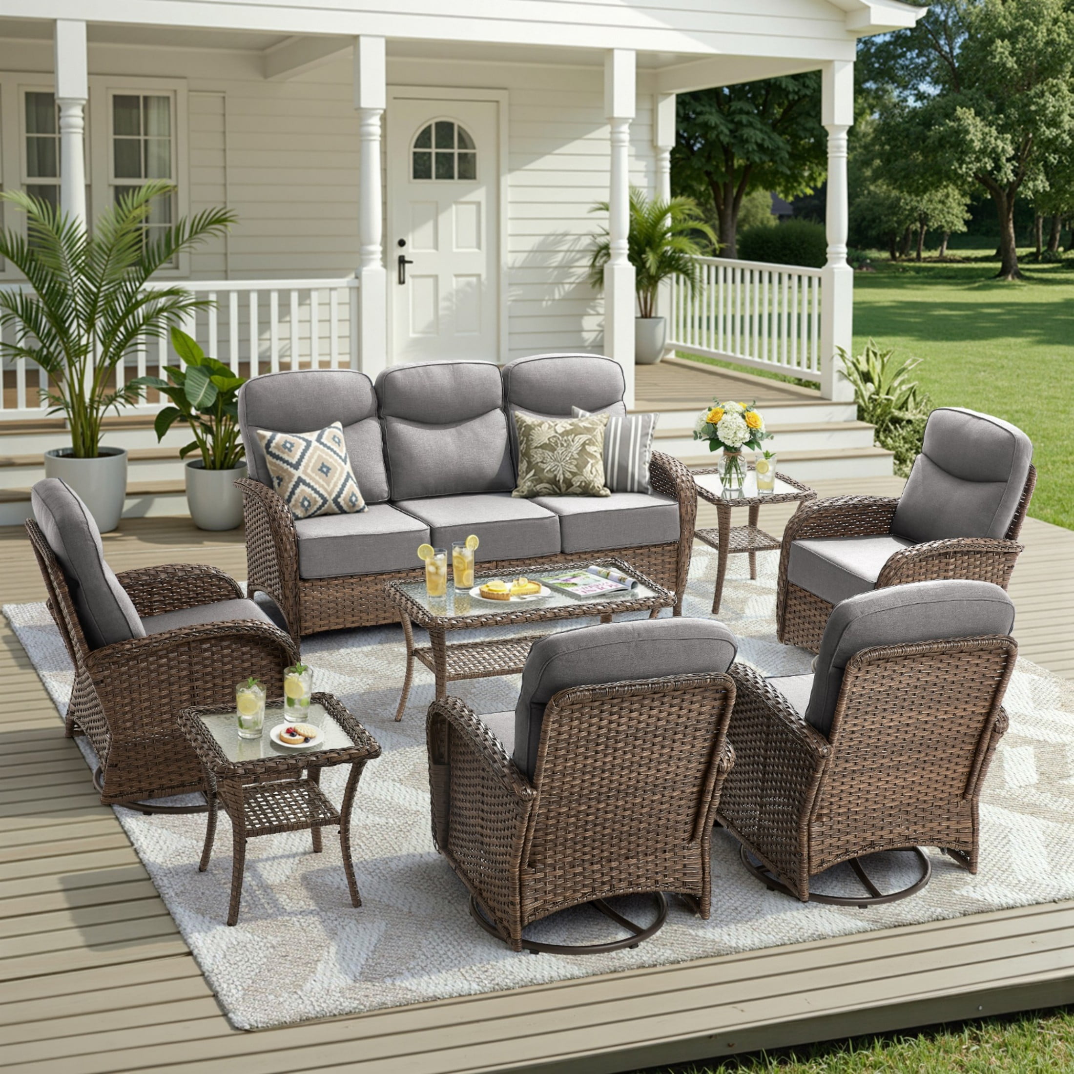 Unnifurnzi 8 Pieces Patio Furniture Set-6'' Thick Cushions Outdoor Furniture with Swivel Rocker Chairs Outdoor Couch and Coffee Table Wicker Patio Furniture for Deck Porch Garden Poolside-Brown/Gray