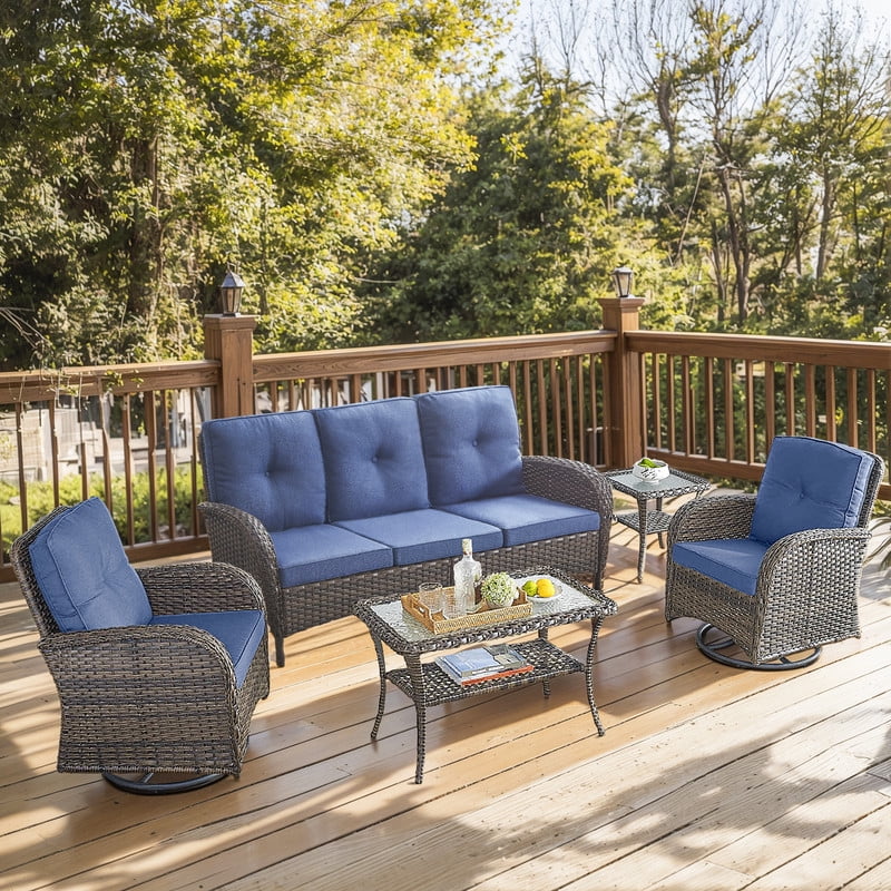 Unnifurnzi 8 Pieces Patio Furniture Set-6'' Thick Cushions Outdoor Furniture with Swivel Rocker Chairs Outdoor Couch and Coffee Table Wicker Patio Furniture for Deck Porch Garden Poolside-Gray/Blue