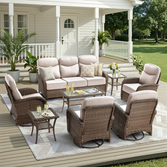 Unnifurnzi 8 Pieces Patio Furniture Set-6'' Thick Cushions Outdoor Furniture with Swivel Rocker Chairs Outdoor Couch and Coffee Table Wicker Patio Furniture for Deck Porch Garden Poolside-Brown/Beige