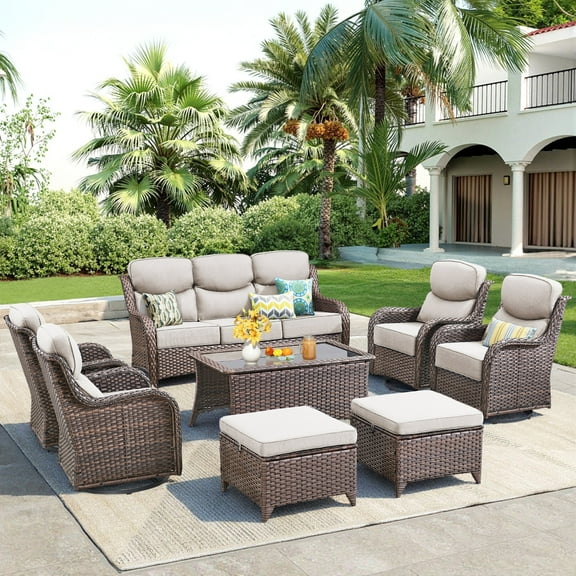 Unnifurnzi 8 Pieces Wicker Patio Furniture-Outdoor Swivel Chairs Set of 4 with 6 Inch Thick Cushions Outdoor Couch with Ottoman Outdoor Conversation Sets for Deck Porch Poolside-Brown/Beige