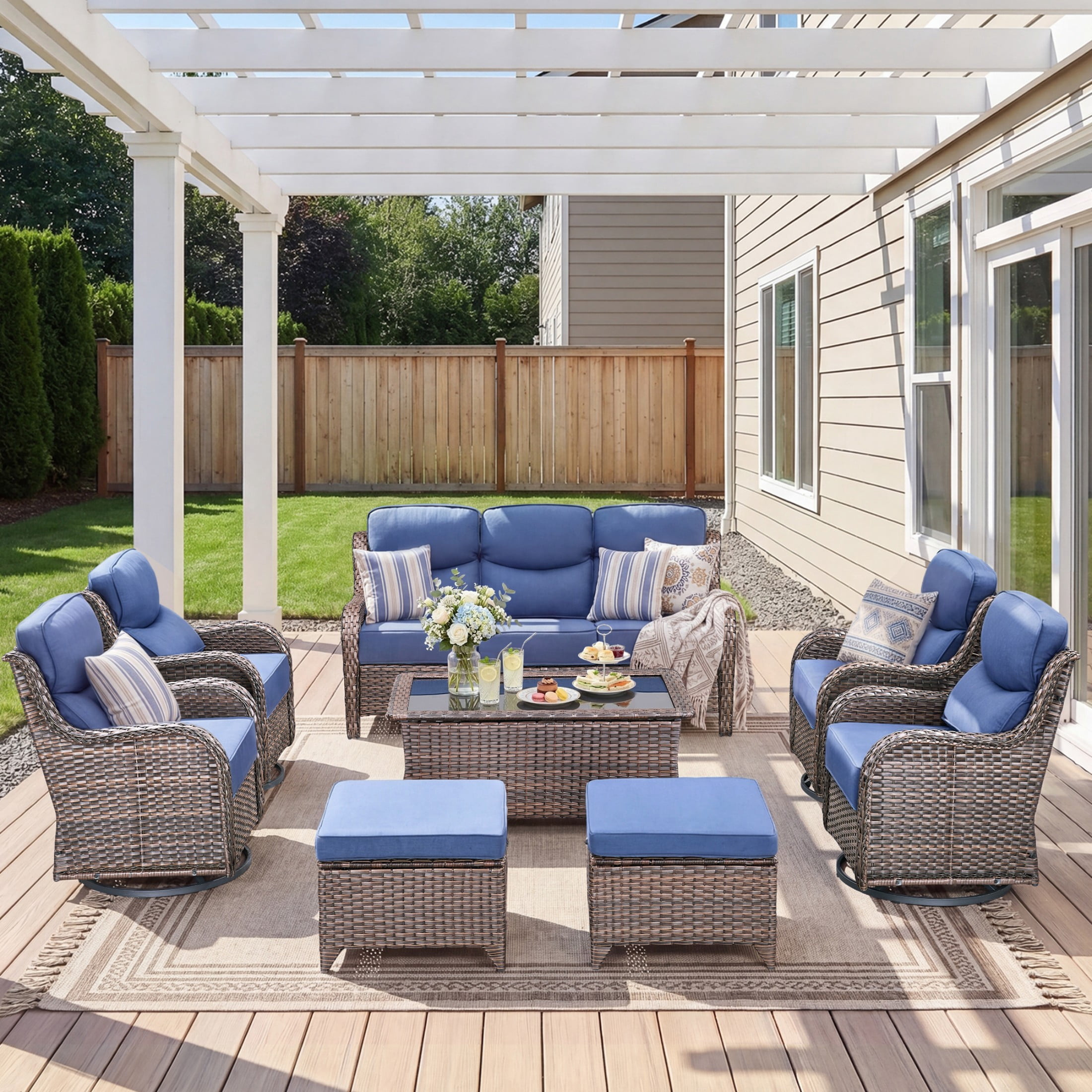 Unnifurnzi 8 Pieces Wicker Patio Furniture-Outdoor Swivel Chairs Set of 4 with 6 Inch Thick Cushions Outdoor Couch with Outdoor Foot Rest Outdoor Conversation Sets for Deck Porch Poolside-Brown/Blue