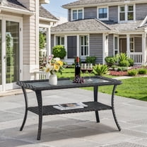 Unnifurnzi Outdoor Coffee Table-Patio Wicker Coffee Table with Tempered Glass Top and 2-Tier Storage Outdoor Table for Deck Porch Balcony Garden-Brown