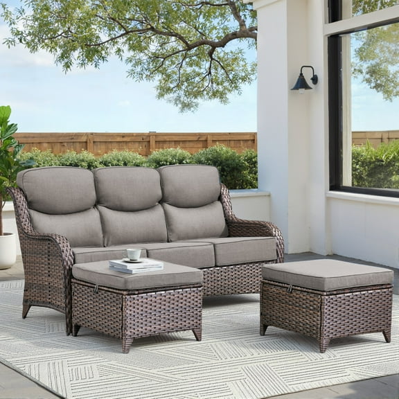 Unnifurnzi Outdoor Couches High Back Outdoor Wicker Couch with Patio Ottomans Outdoor Couch Set for Porch Poolside Balcony-Brown/Gray
