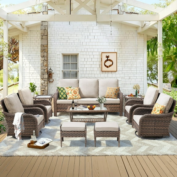 Unnifurnzi Outdoor Furniture-10 Pieces All Weather Wicker Patio Furniture Outdoor Swivel Chairs with Outdoor Sofa Outdoor Patio Furniture Set for Porch Balcony Deck-Brown/Beige