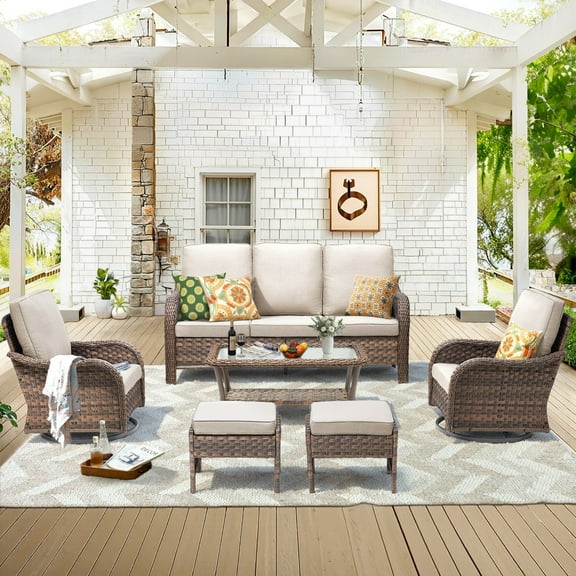 Unnifurnzi Outdoor Furniture-6 Pieces All Weather Wicker Patio Furniture Outdoor Swivel Chairs Set of 2 with Outdoor Couch Outdoor Patio Furniture Set for Porch Balcony Deck-Brown/Beige
